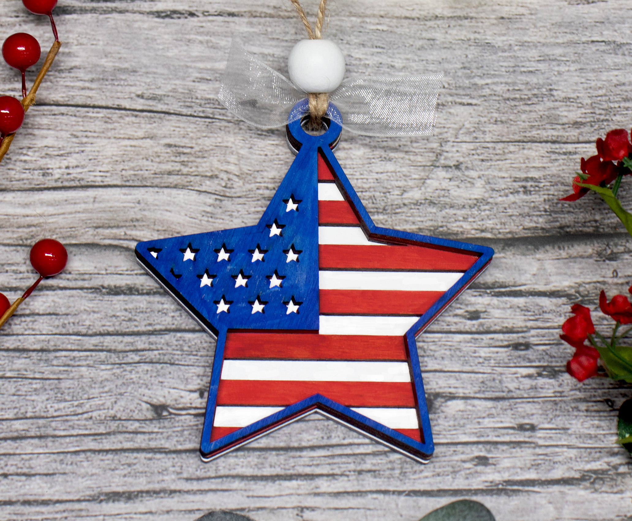 America Star Christmas Ornament, Patriotic Ornament, USA Ornament, 3-Layer Wooden Ornament