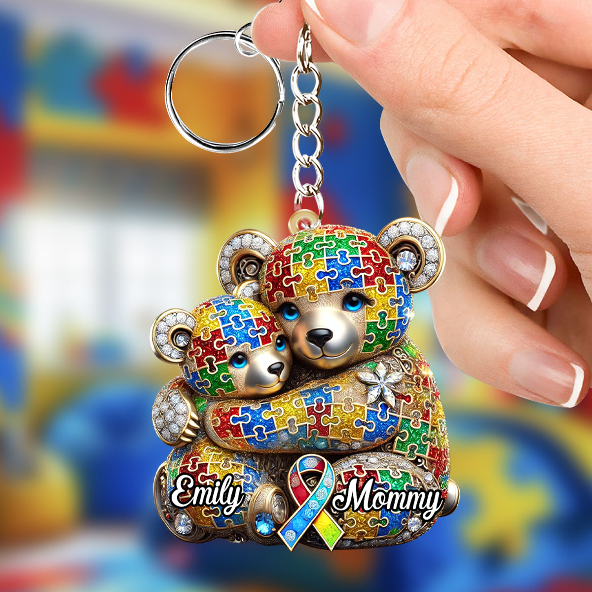 Mama Bear Personalized Autism Awareness Keychain, Autism Awareness Gifts