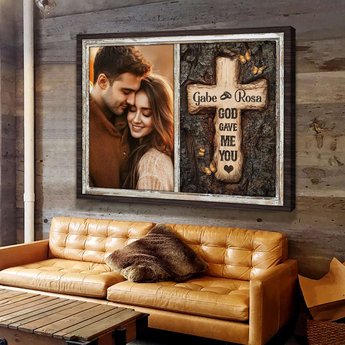 God Gave Me You Rustic Cross Canvas Print Wall Art, Custom Photo Canvas, Couple Valentine Gifts, Wedding Anniversary Gift