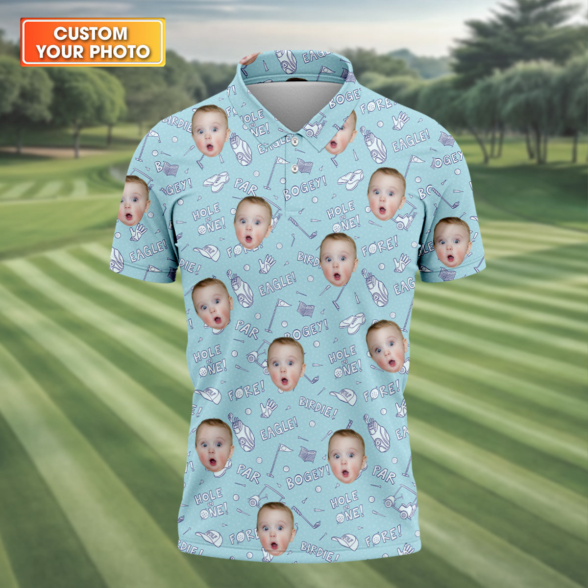 Custom Photo Golf Shirt, Blue Funny Golf Polo Shirt, Dad Golf Gift