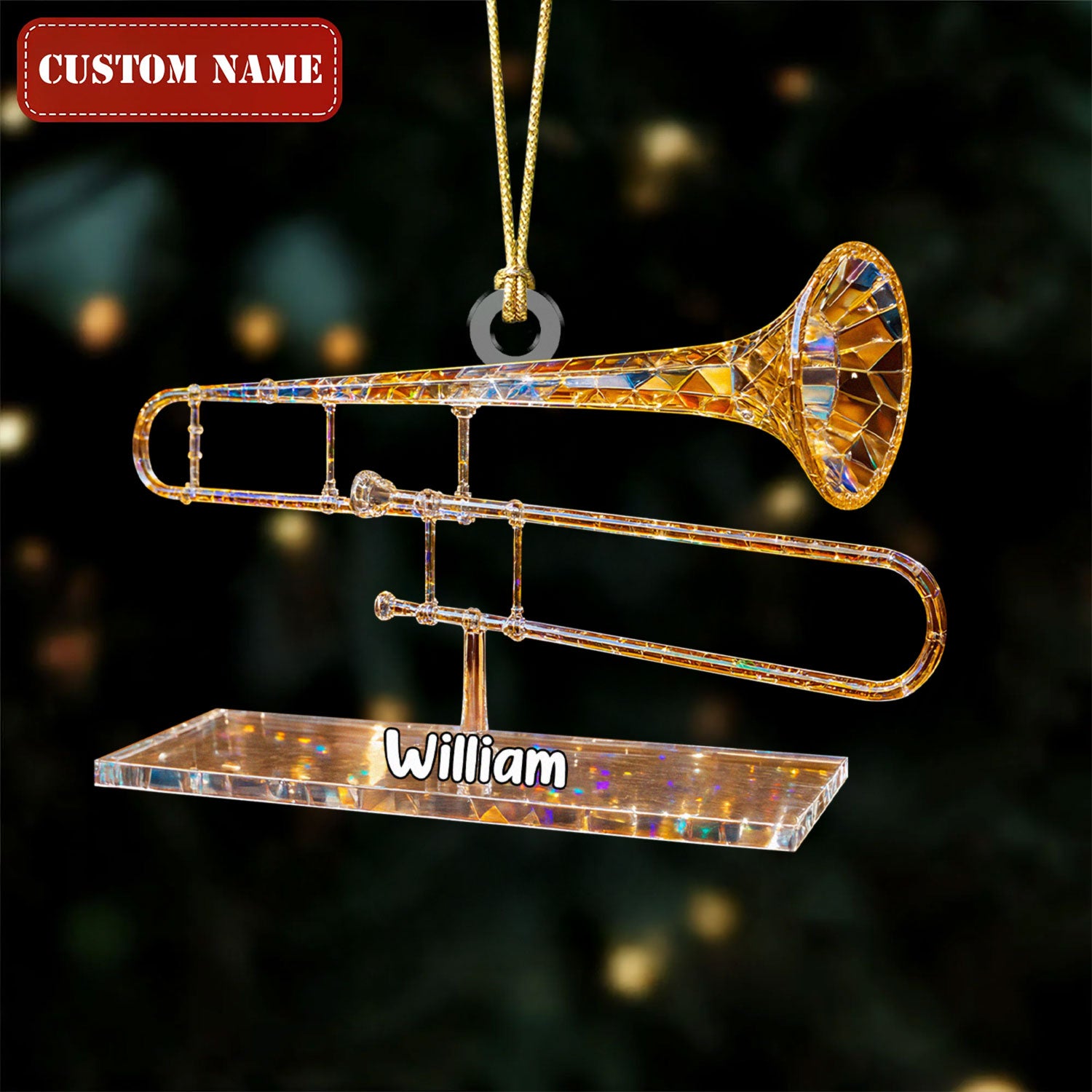 Trombone Custom Name Stained Glass Effect Acrylic Christmas Ornament, Music Ornament, Musician Gift