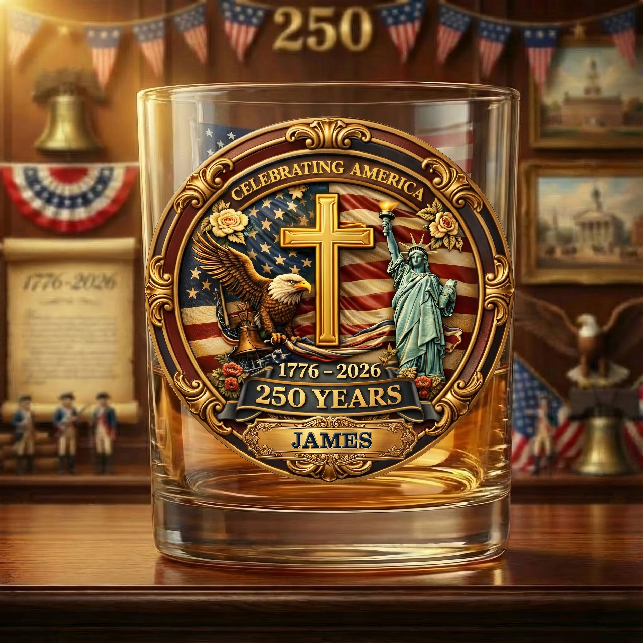 Celebrating America 1776-2026 250 Years Gold Cross Bald Eagle Whiskey Decanter Set, America Patriot Whiskey Glasses