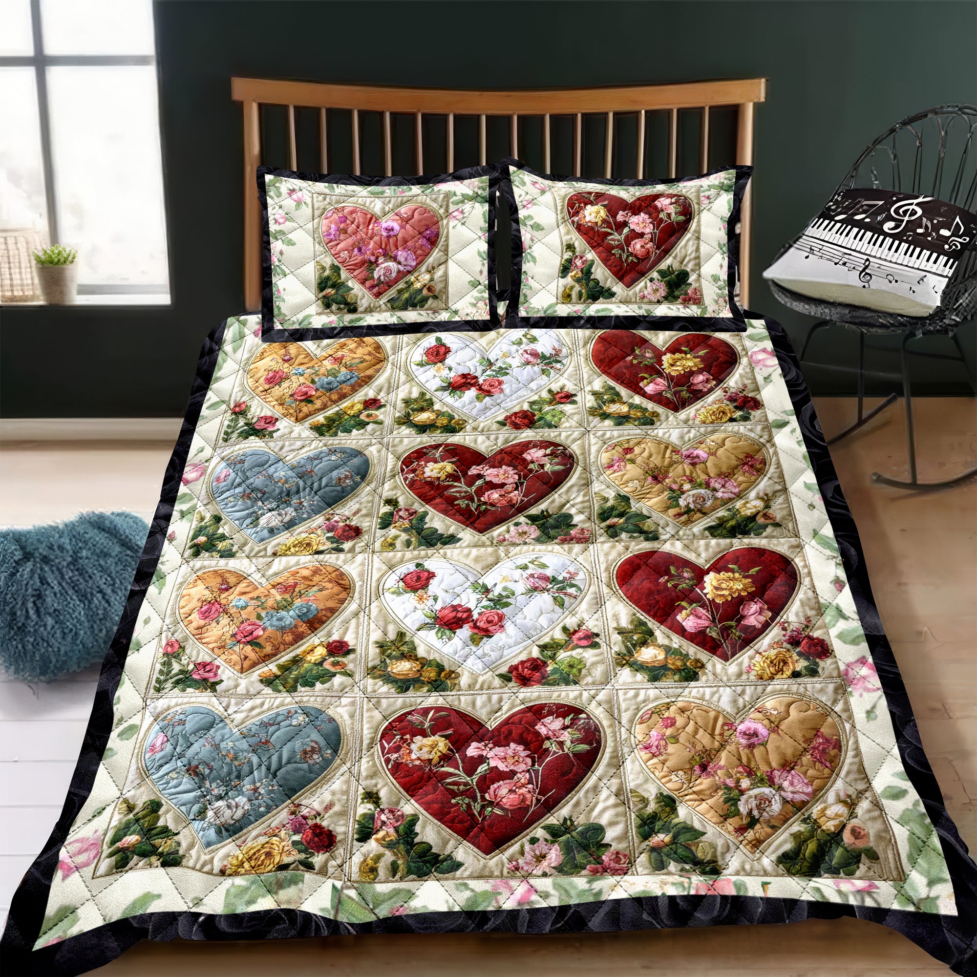 Patchwork Hearts Quilt Bed Sets, Mothers Day Gifts, Bedroom Decor