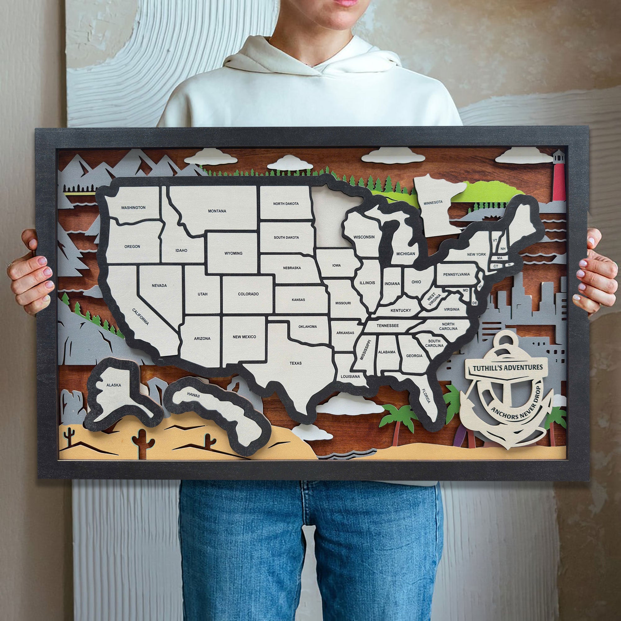 Personalized Wood US Travel Map, Landscapes Travel Map Tracker, Gift for Travelers