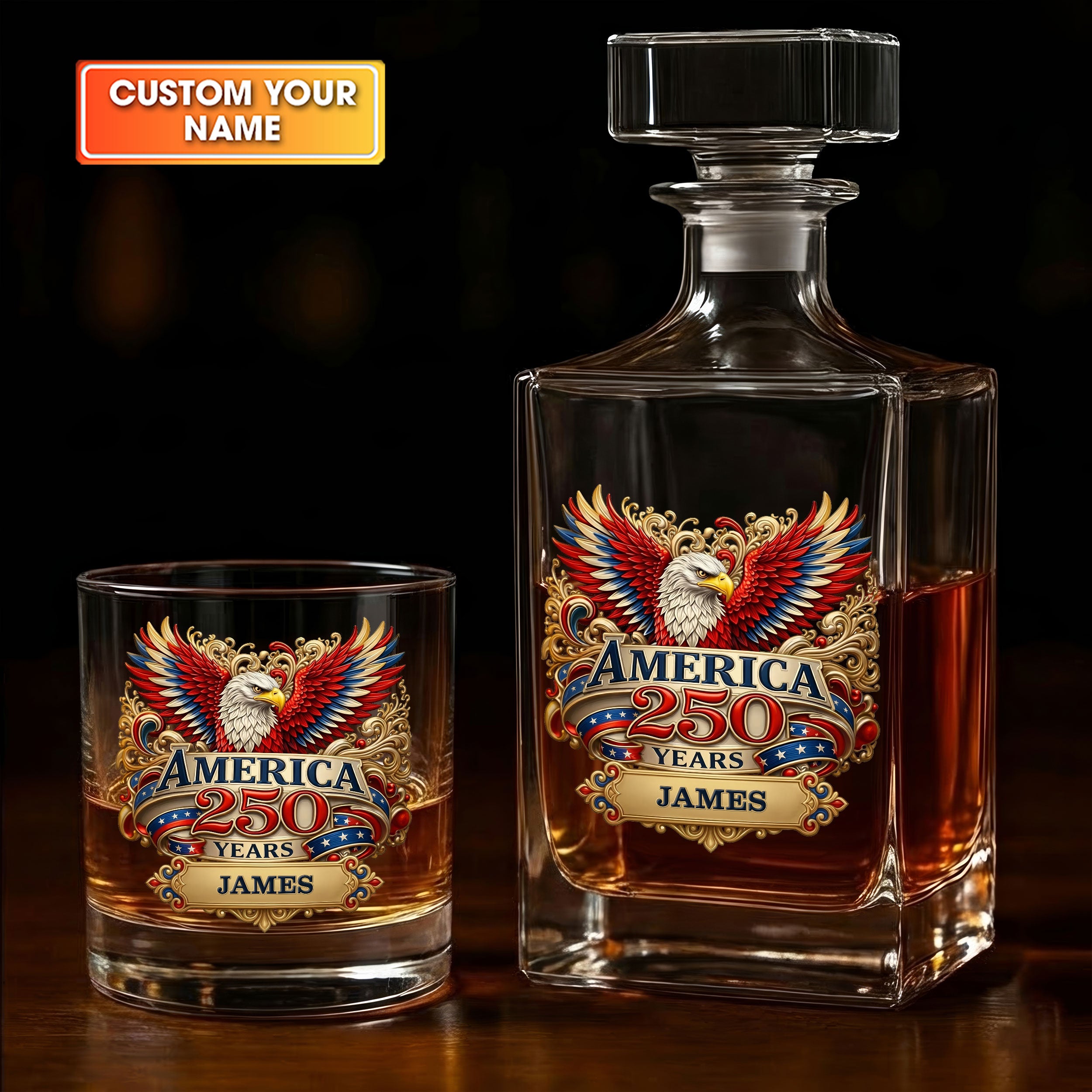 America 250 Years Red White Blue Bald Eage Whiskey Decanter Set, America Patriot Whiskey Glasses