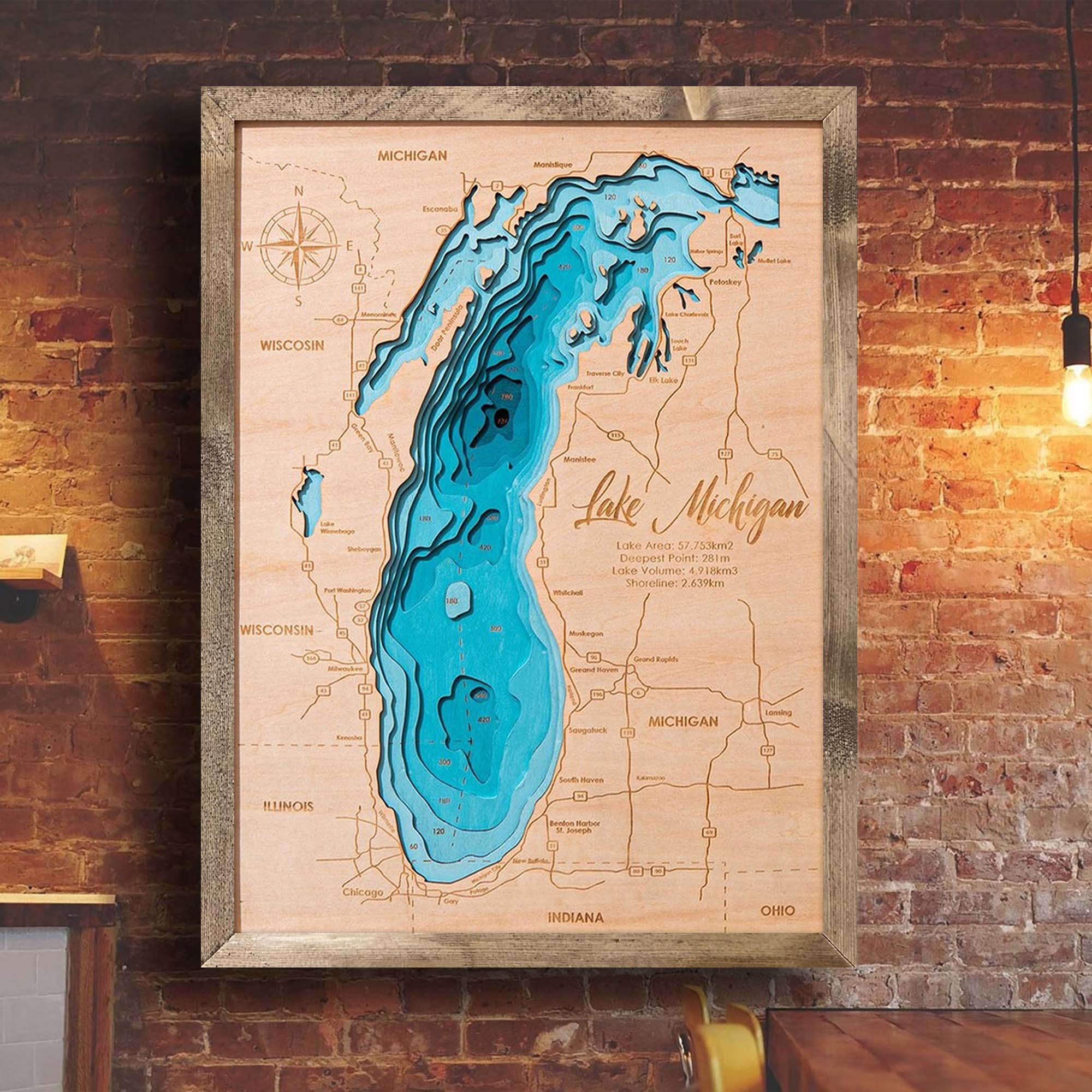 Lake Michigan Personalize Wood Art, Topographic Lake Map, Lake Wall Art