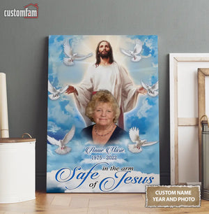 Personalized Photo Canvas Wall Art, Jesus Memorial Gift, Loss Of Dad, Safe In The Arms Of Jesus 1
