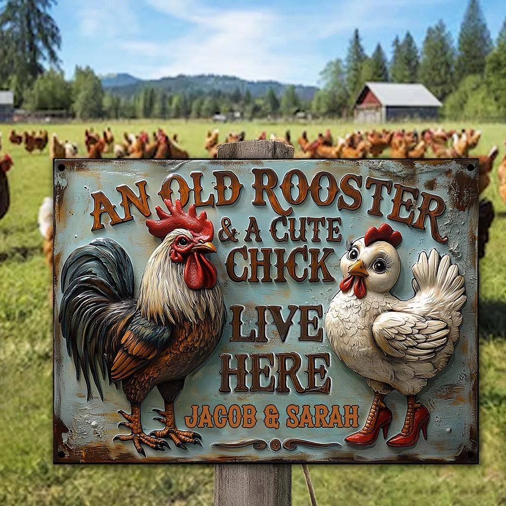 An Old Rooster & A Cute Chick Live Here Personalized Farmer Rectangle Metal Sign, Farmer Decor
