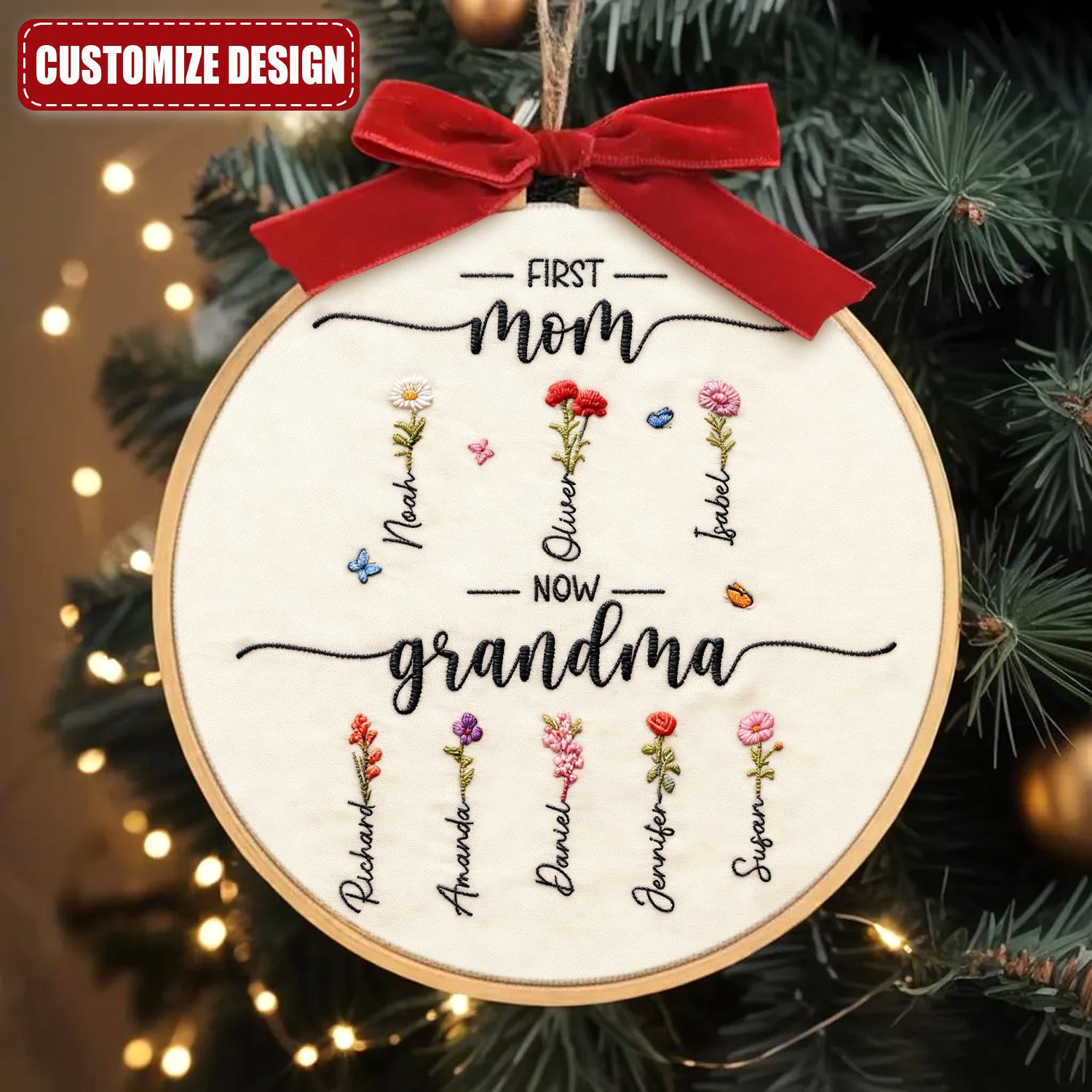 First Mom Now Grandma Embroidery Hoop Ornament, Flowers Ornament, Grandma Christmas Gift