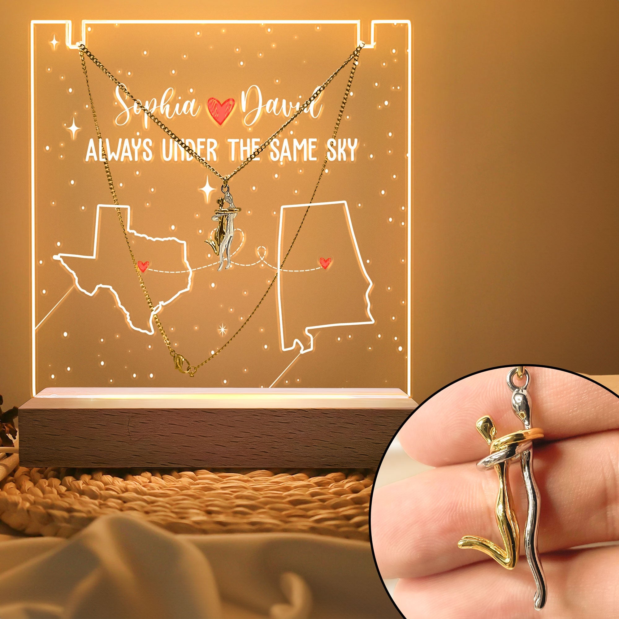 Always Under The Same Sky Personalized LED Light Acrylic Plaque With Couple Necklace, Valentine Gifts
