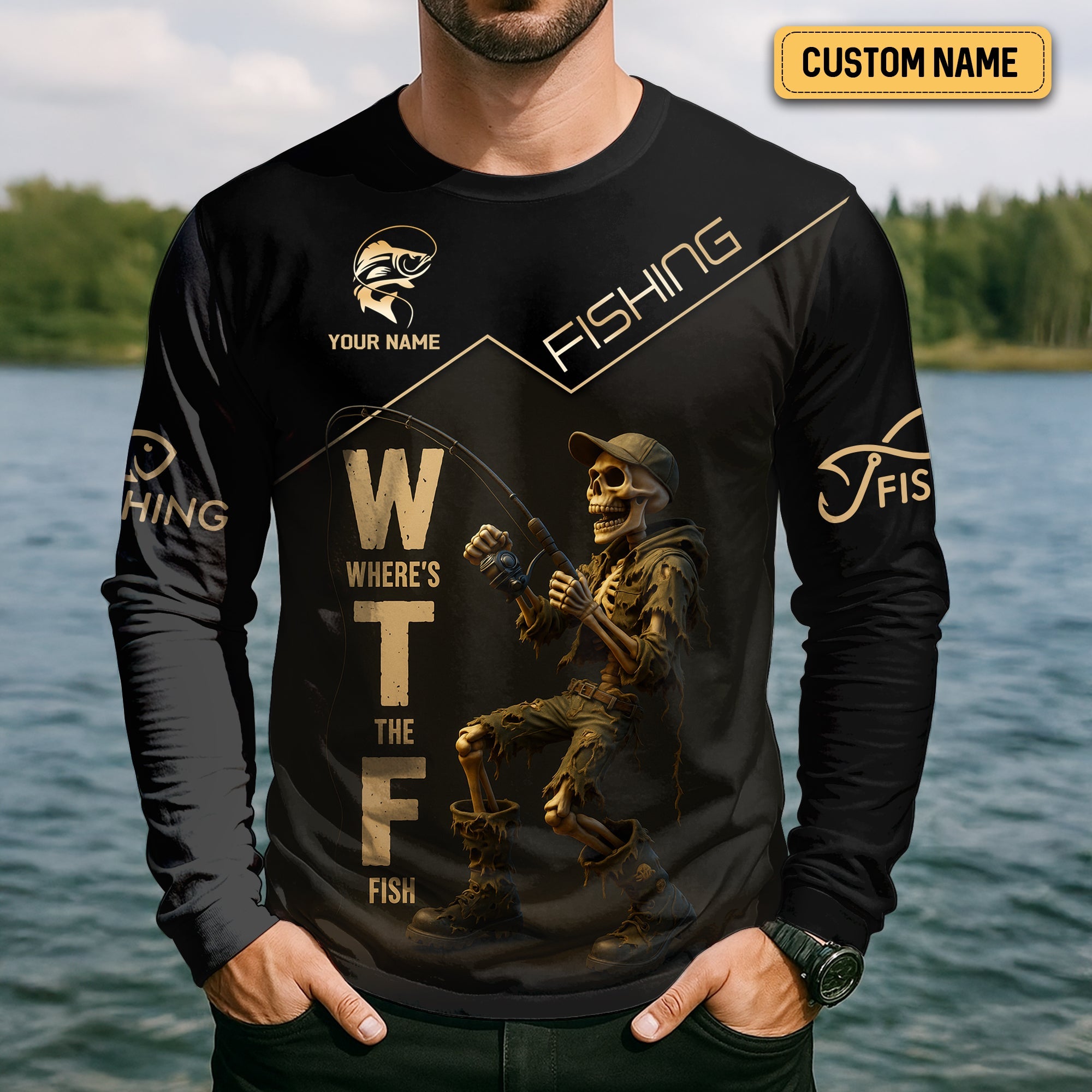 WTF Where's The Fish, Funny Skeleton Shirts, UPF Fishing Shirts, Gag Gifts For Men, Mens Casual Shirts