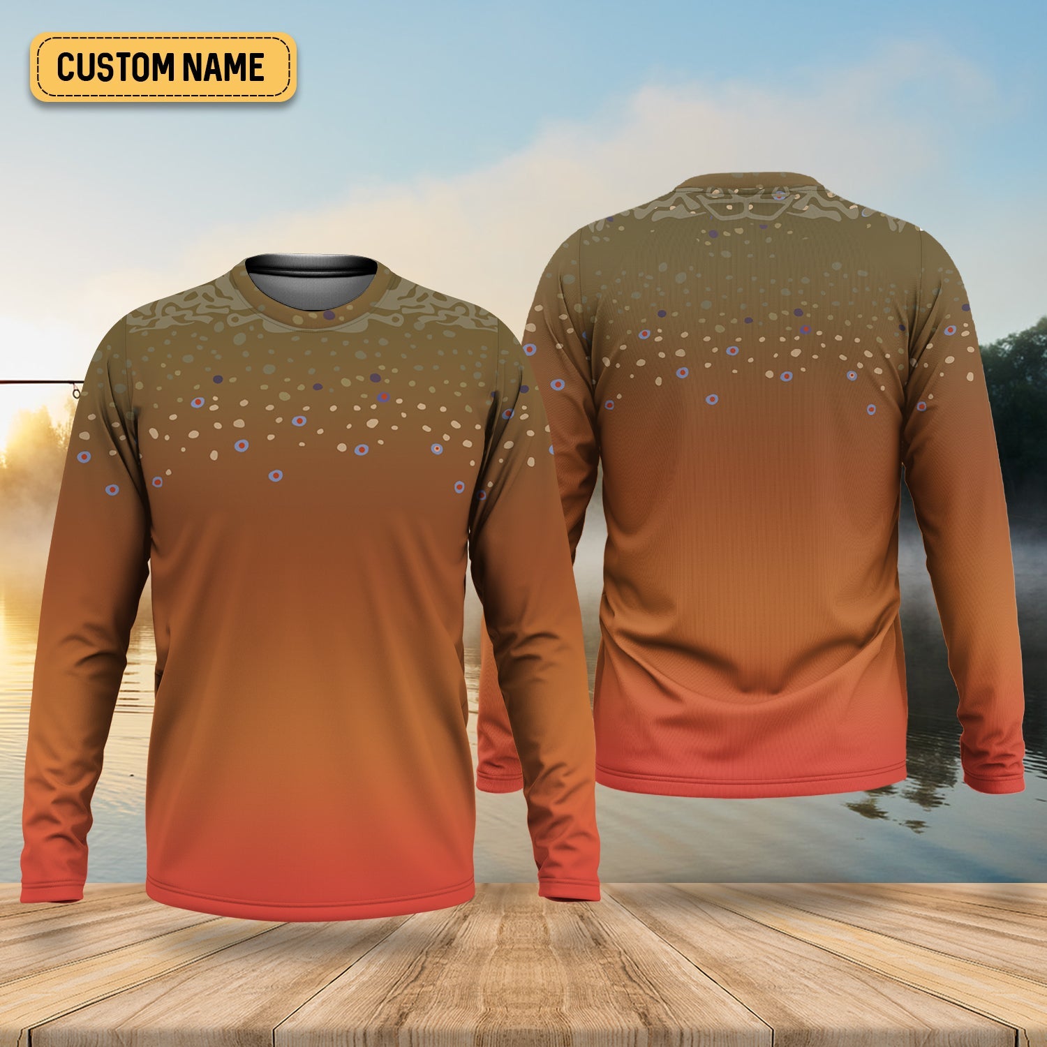 Orange Brook Trout Skin UPF Fishing Shirts, Hooded Sun Shirt, Personalized Fishing Gifts, UV Shirts For Men