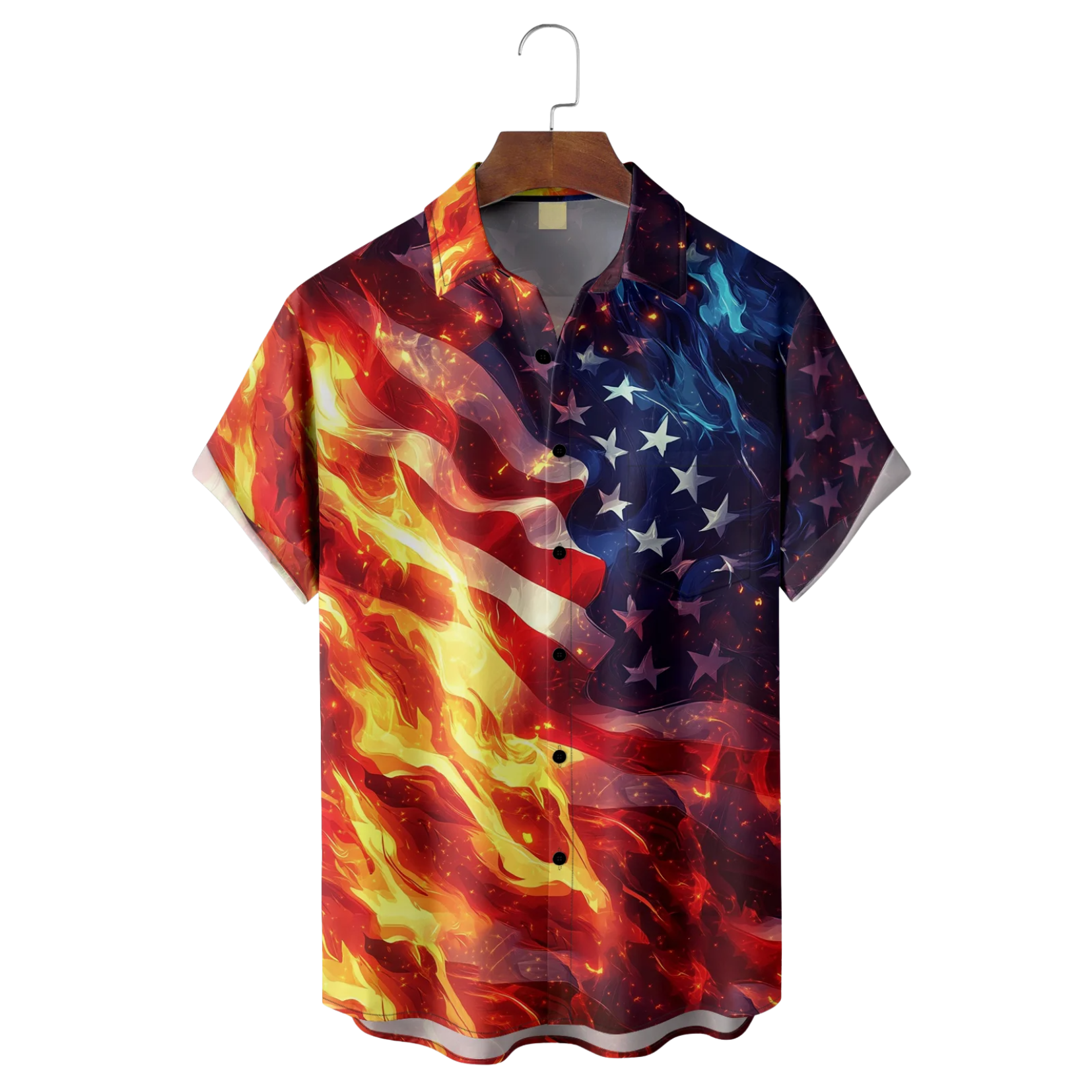 American Independence Day US Flag On Fire Hawaiian Golf Shirt, 250th Anniversary Tropical Vibe Men's Golf Shirt