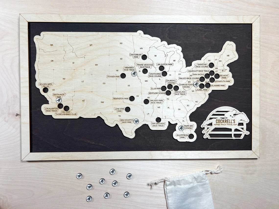 Horse Track Travel Map With Pins, Horse Track Wooden Map Tracker, Fathers Day Gift