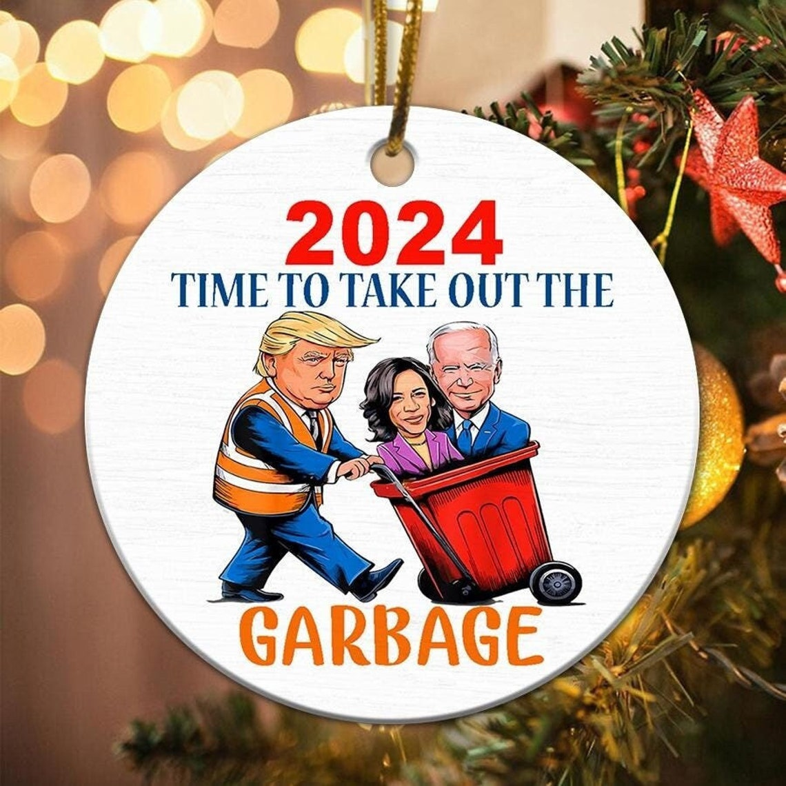 MakeAmericanGreatAgain, Trump2024 Pushes The Garbage, Funny Political Ceramic Ornament, Christmas Decor
