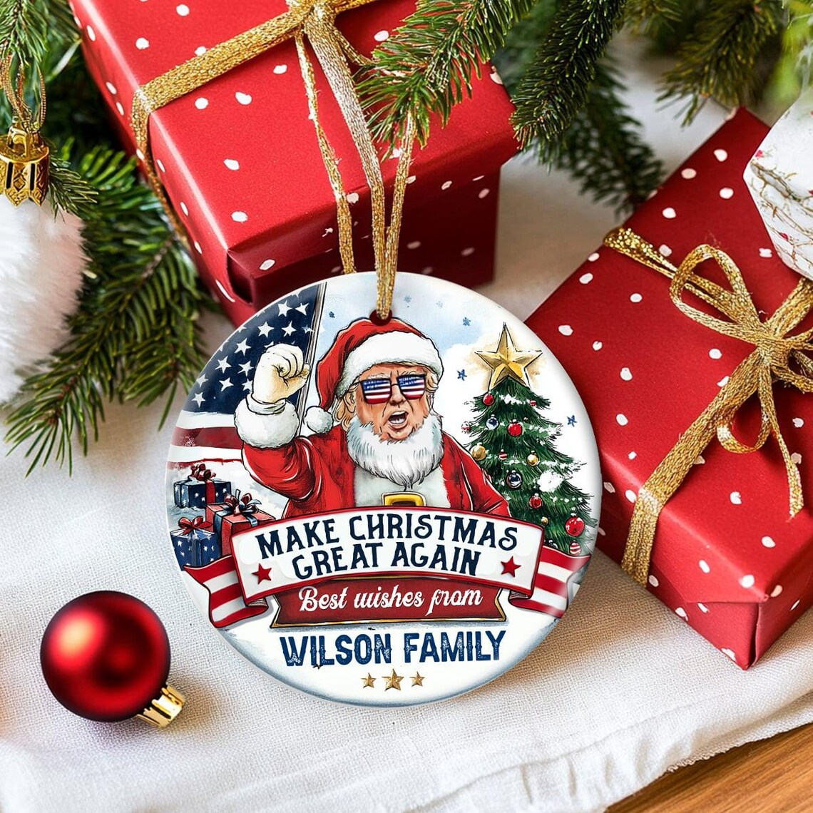 Make Christmas Great Again, Trump2024, US President Funny Christmas Custom Family NameCeramic Ornament, Christmas Decor