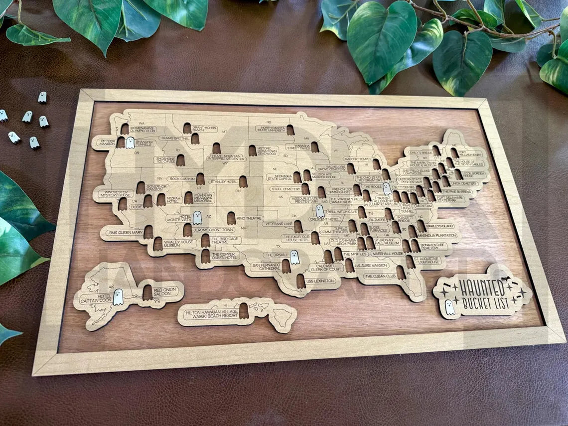Haunted Destinations Travel Map With Pins, Haunted Destinations Wooden Map Tracker, Halloween Decor