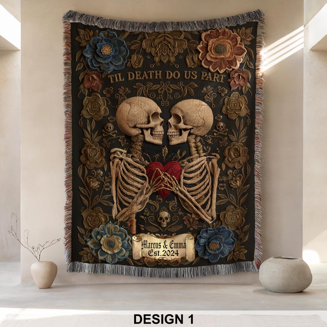 Skeleton Couple Custom Throw Blankets, Personalized Blankets For Couples, Goth Couple Spooky Home Decor