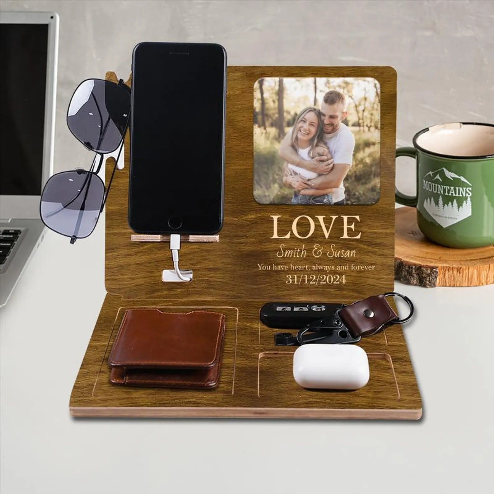 Wood Docking Station With Acrylic Photo, Desk Organizer, Father's Day Gift for Dad, Husband or Him
