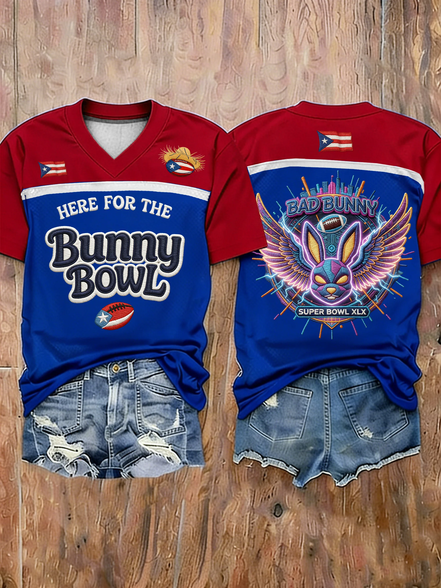 Here For Bunny Bowl 2026 Red Blue Shirt, Bad Bunny Puerto Rico Tee, Game Day Shirt, LX Super Bad Game Day Bunny Shirt