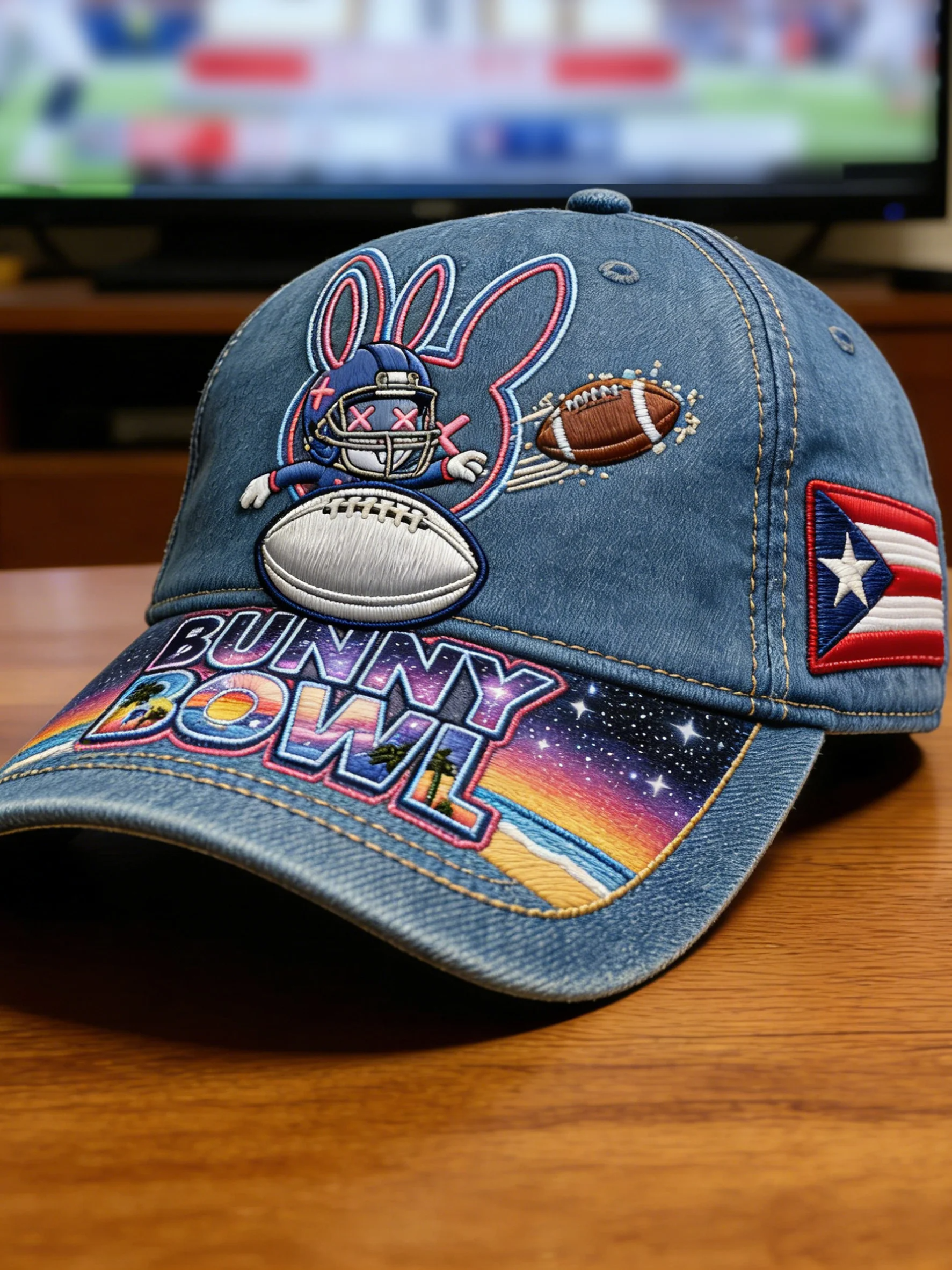 Fun Rabbit Football Benito Bowl 2026 Printed Hat, Bad Bunny Football Halftime Bowl Baseball Hat Cap