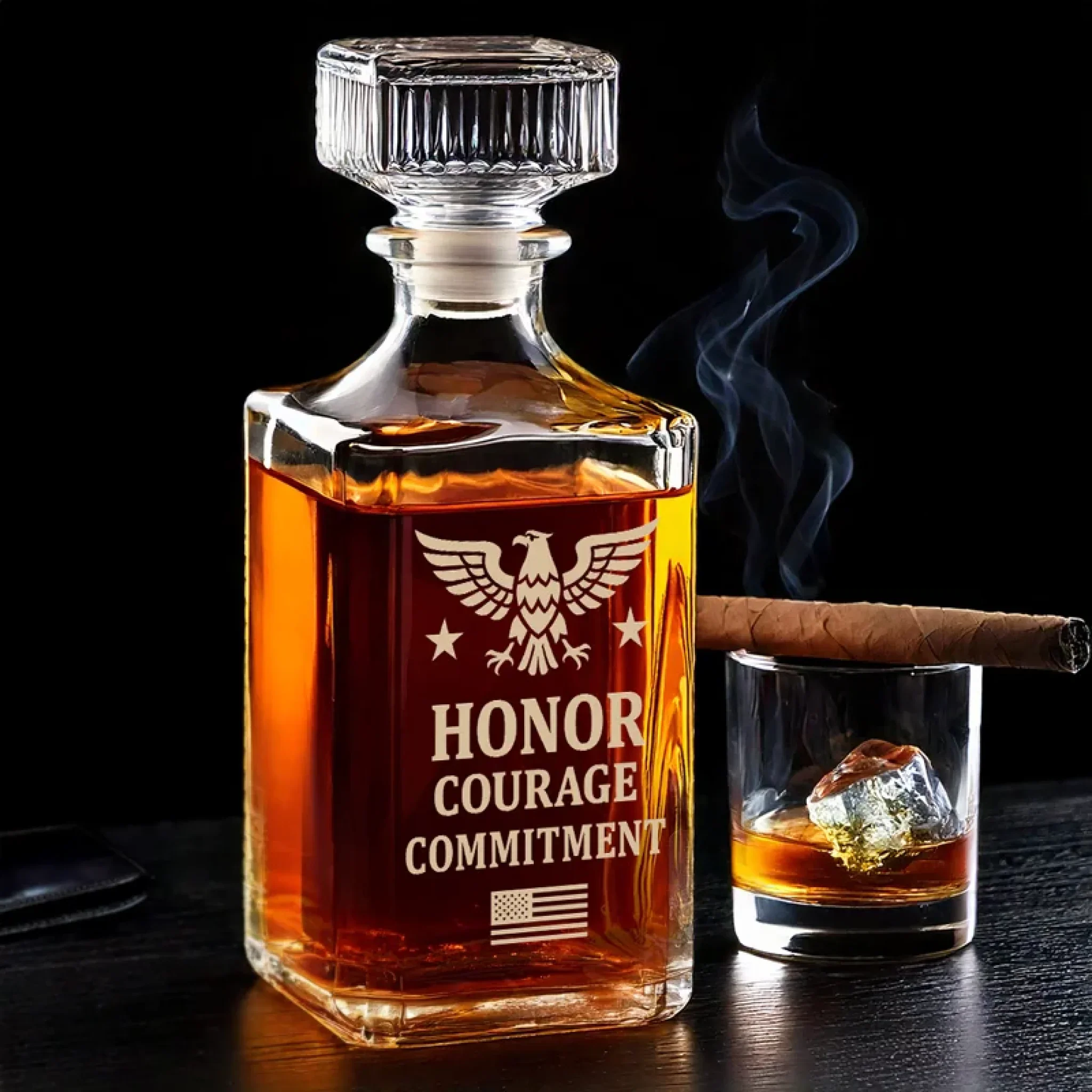 Honor, Courage, And Commitment Whiskey Decanter Set American Glassware Wine Glasses Set