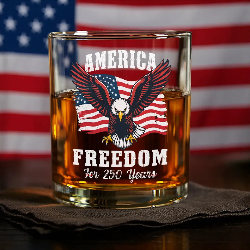 America 250 Years of Freedom Patriotic Eagle Flag Whiskey Glass, Gift For Whiskey Lover