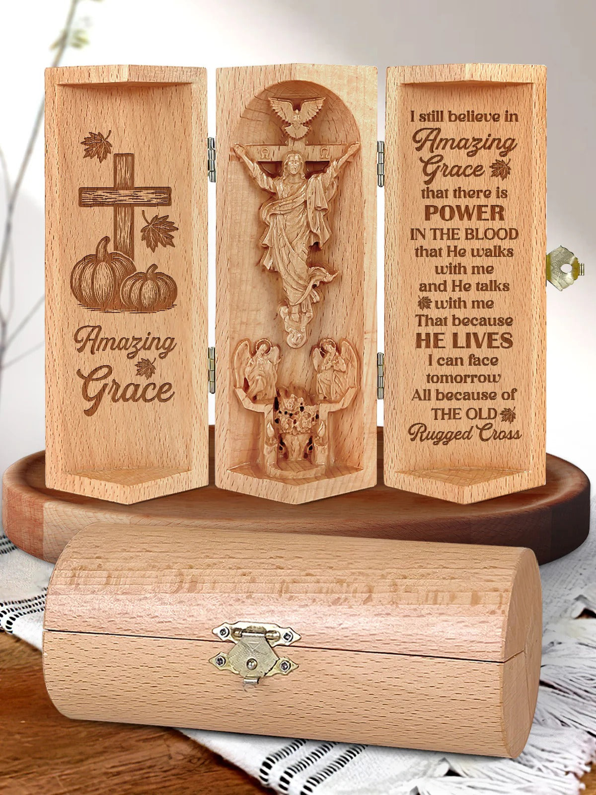Amazing Grace, Personalized Openable Wooden Cylinder Sculpture of Jesus Christ, Christian Gifts