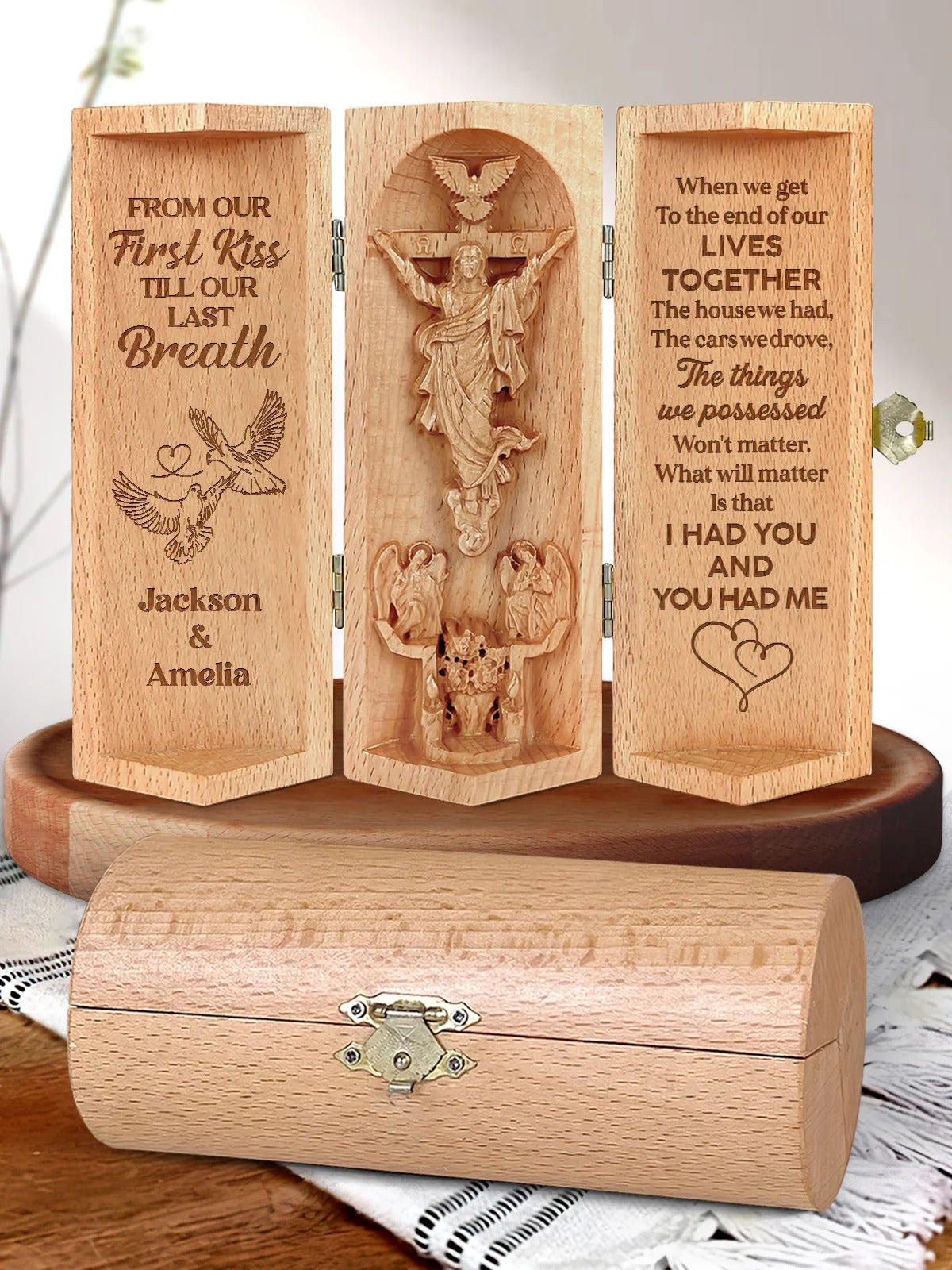From Our First Kiss Till Our Last Breath, Personalized Openable Wooden Cylinder Sculpture of Jesus Christ, Christian Gifts