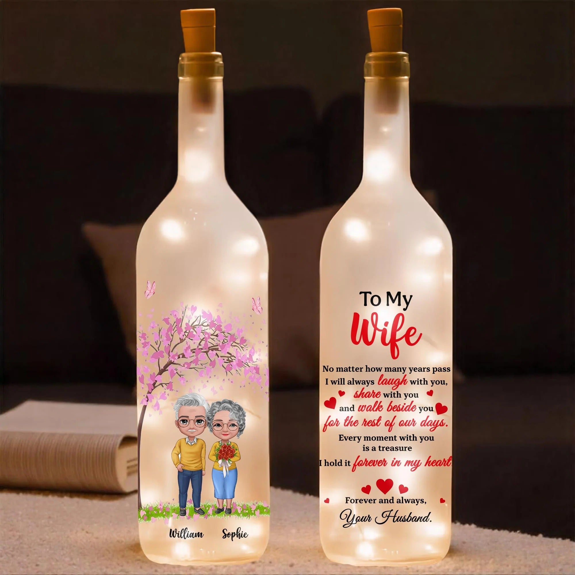 To My Wife No Matter How Many Years Pass Couple And Hearts Personalized Bottle Lamp, Valentines Romantic Gift for Wife