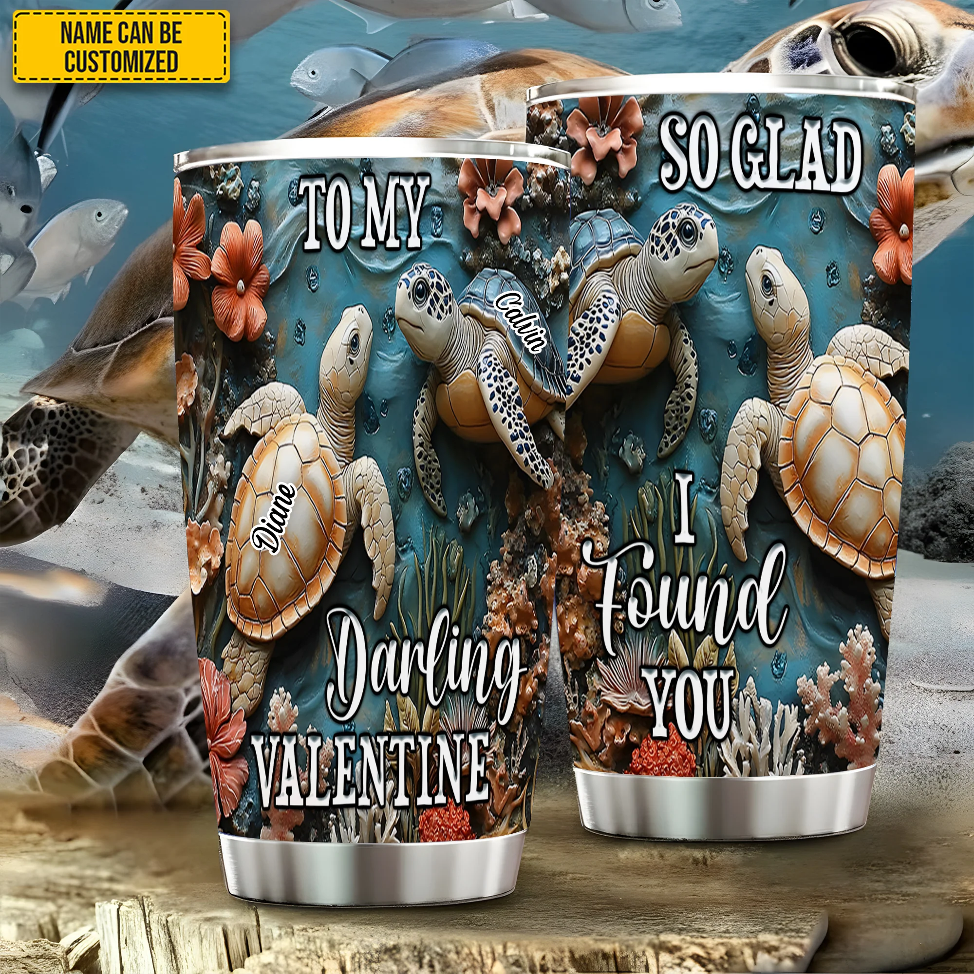 So Glad I Found You Turtle Couple Personalized Tumblers With Names, Stainless Steel Tumbler, Valentine Gift Ideas