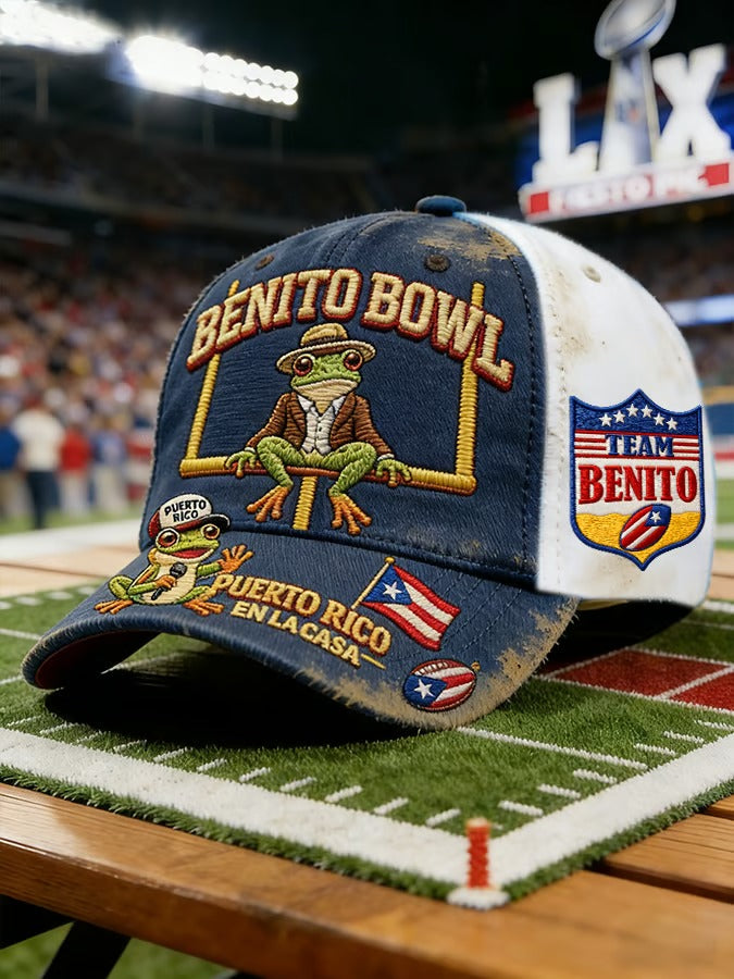 Team Benito Bowl Fun Frog Music Lover White Baseball Cap, Bad Bunny Printed Cap, Game Day Mens Dad Cap