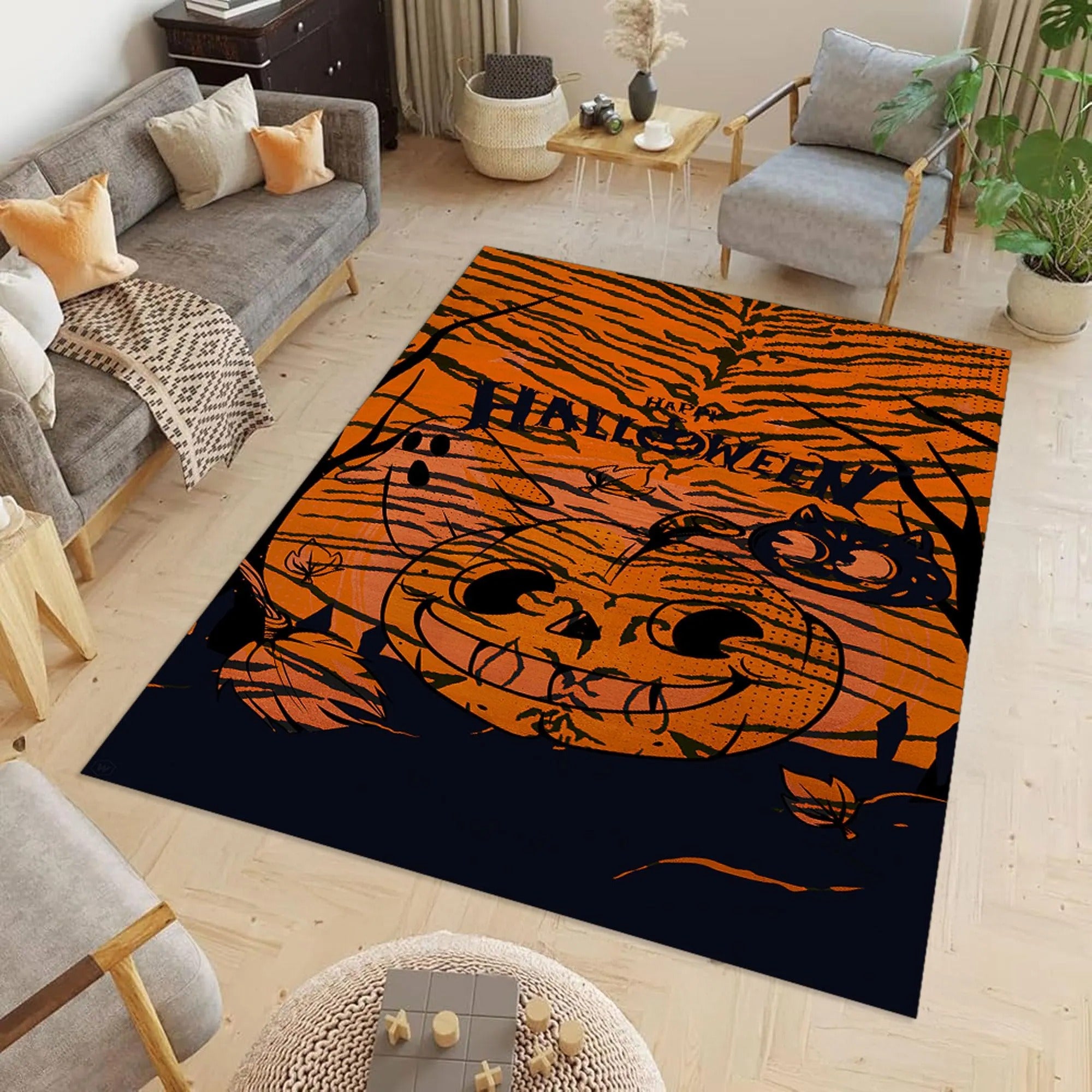 Ghost Carved Pumpkin Rug, Halloween Area Rug, Halloween Room Decor, Living Room Rug, Halloween Gifts