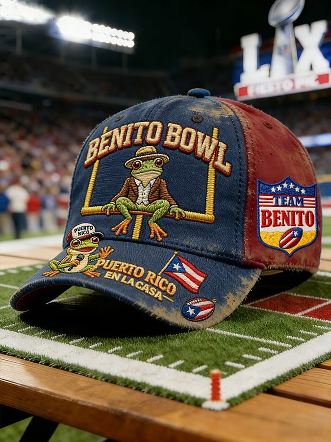 Team Benito Bowl Fun Frog Music Lover Red Baseball Cap, Bad Bunny Printed Cap, Game Day Mens Dad Cap