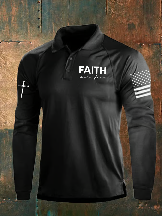 Faith Over Fear Vintage American Flag Polo Shirts For Men, Patriotic Golf Shirts, Long Sleeve Polo Shirt