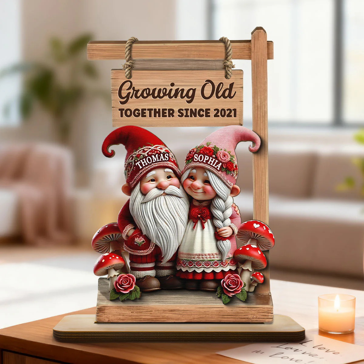 Valentine Theme Gnome Couple Growing Old Together 2-Layer Wooden Plaque, Personalized Valentines Gift