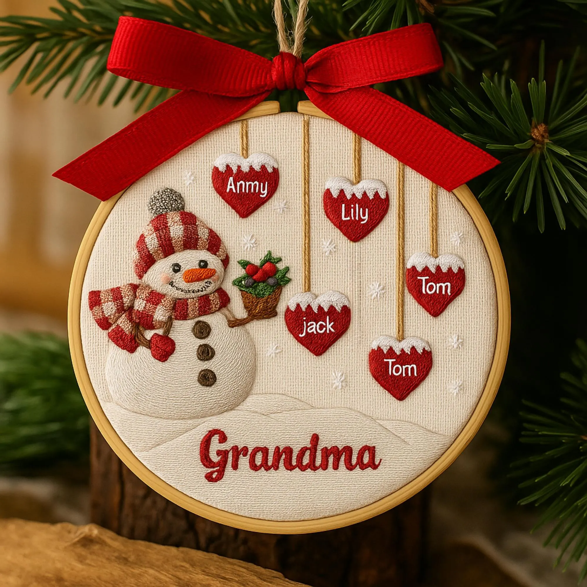 Custom Family Name Grandma Snowman Embroidery Hoop Ornament, Embroidered Christmas Ornament, Gift For Grandma