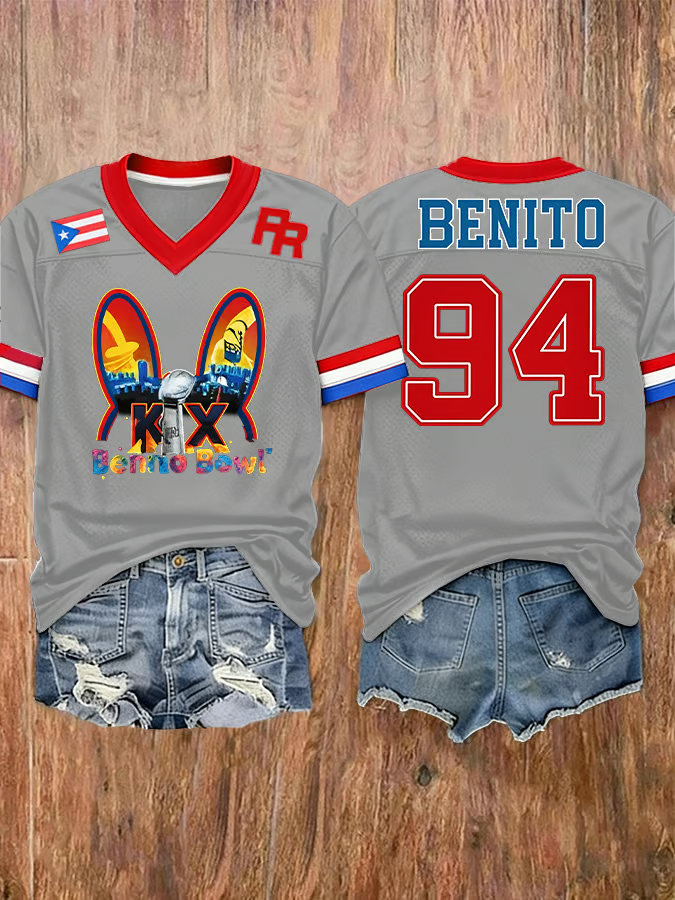 Benito Bowl Shirt, Bad Bunny Football Gray Tee With Puerto Rico Flag, Reggaeton Fan Gift Bad Bunny Gift