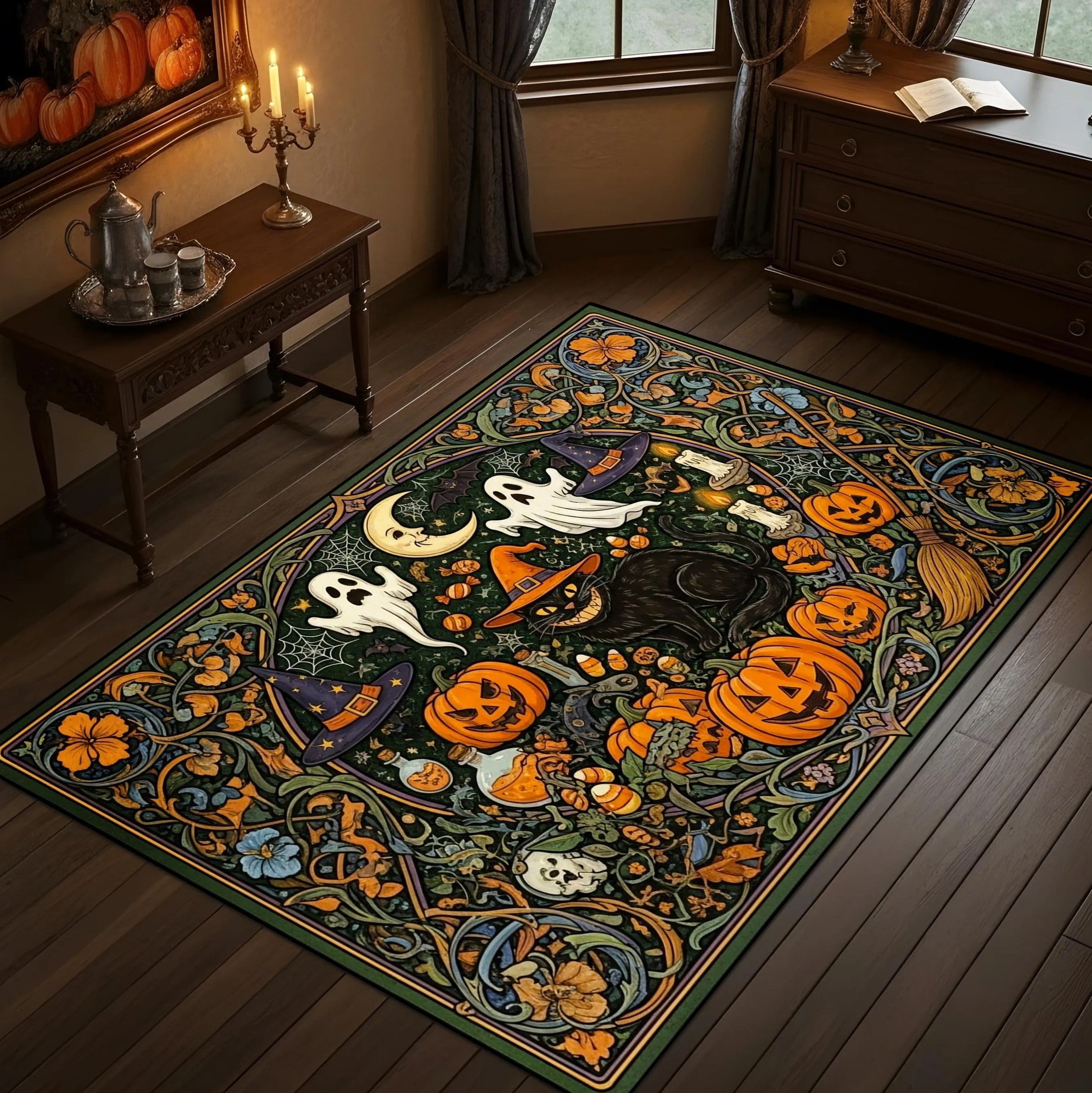 Halloween Rug Ghosts Pumpkin, Black Cat Witch Hat Design, Decorative Rug, Halloween Rug, Halloween Gifts