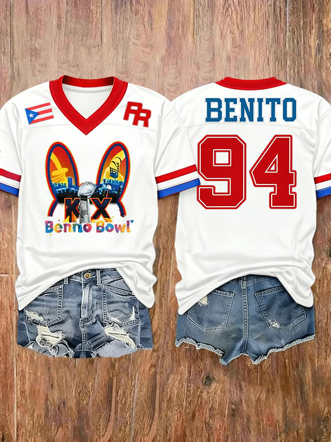 Benito Bowl Shirt, Bad Bunny Football White Tee With Puerto Rico Flag, Reggaeton Fan Gift Bad Bunny Gift