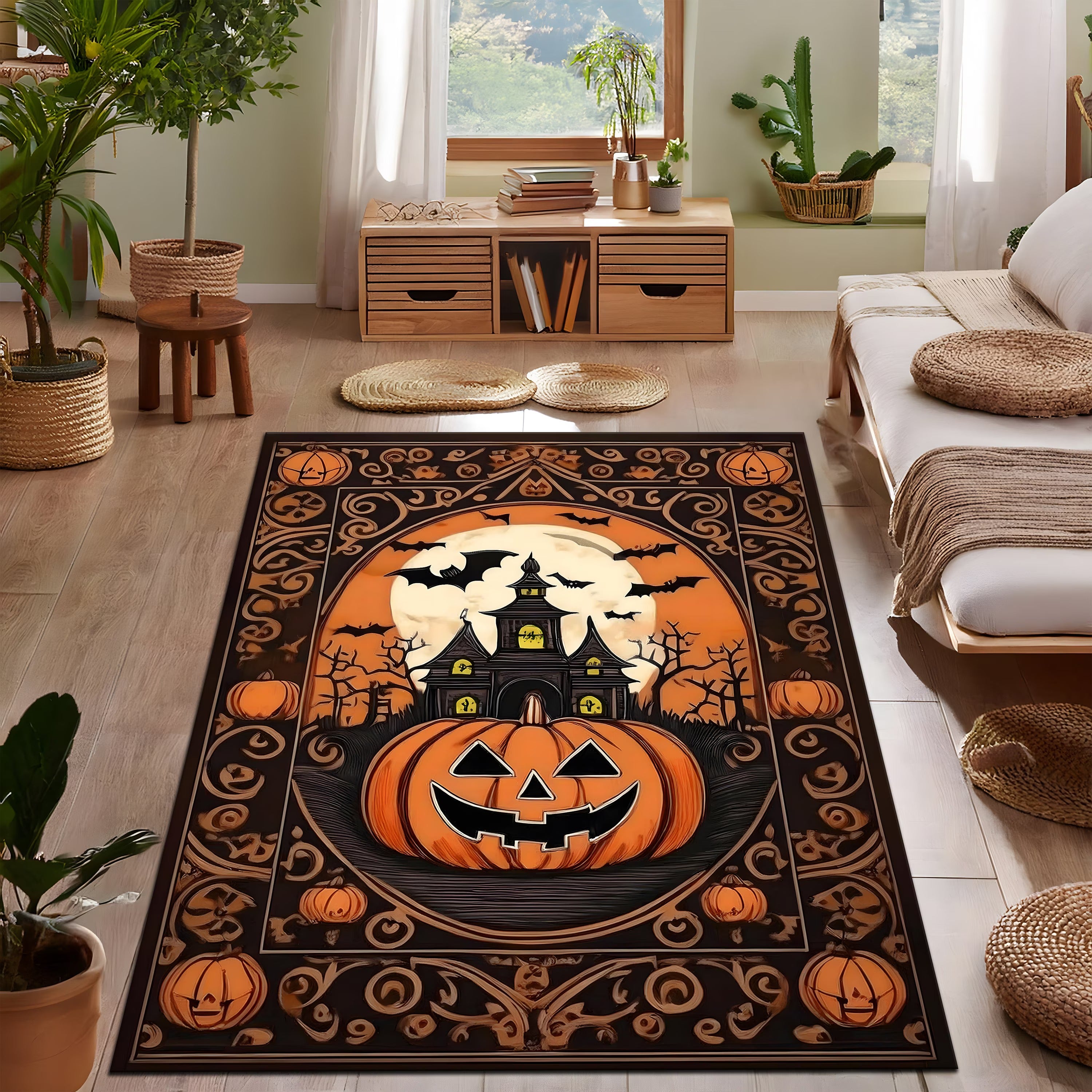Ghost Bats Pumpkin Rug, Decorative Rug, Halloween Rug, Living Room Rug, Halloween Gifts