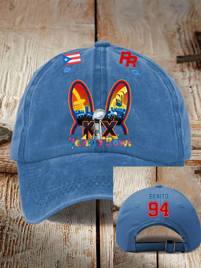 Benito Bowl LX Half Time Show Blue Hat, Puerto Rican & American Streetwear, Baseball Hat Cap