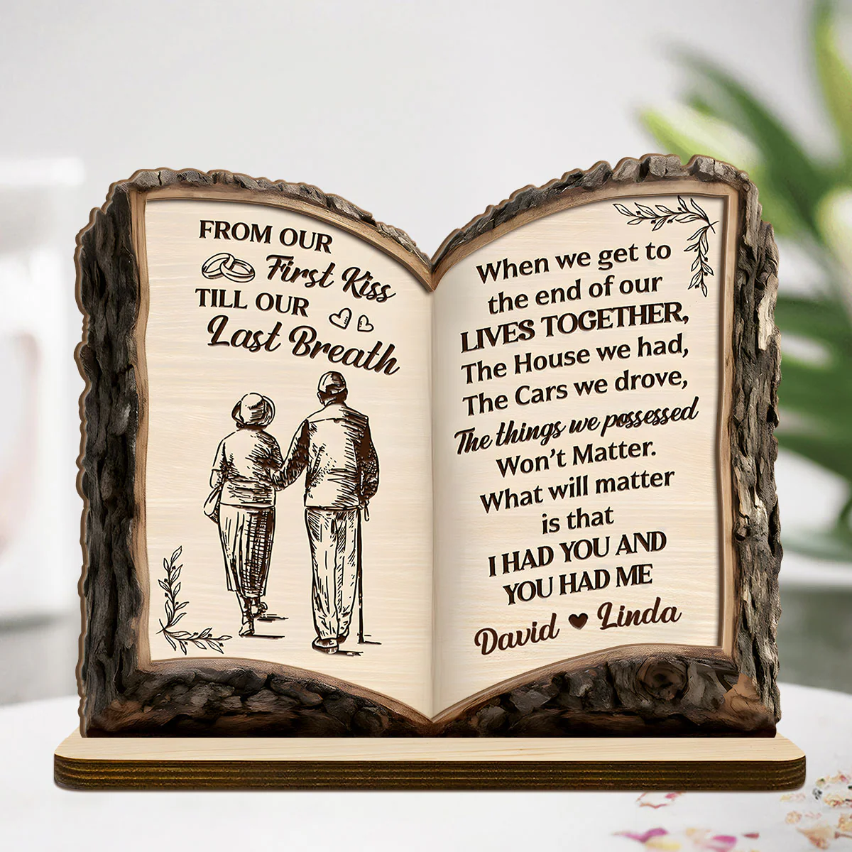 From Our First Kiss Till Our Last Breath Love Journey Book Shape 2-Layer Wooden Plaque, Personalized Valentines Gift