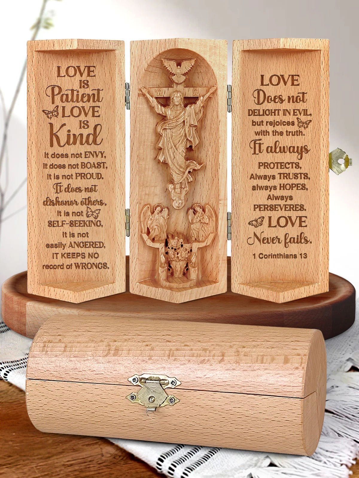 Love Is Patient Love Is Kind, Personalized Openable Wooden Cylinder Sculpture of Jesus Christ, Christian Gifts