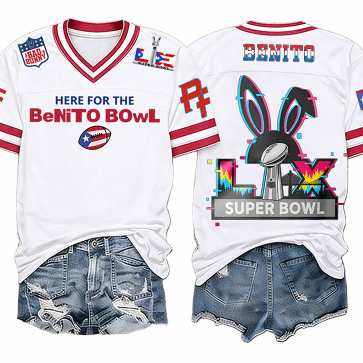 Bad Bunny Football Vneck Shirt, Here For The Benito Bowl Shirt, Bad Bunny LIX Benito Bowl Gifts