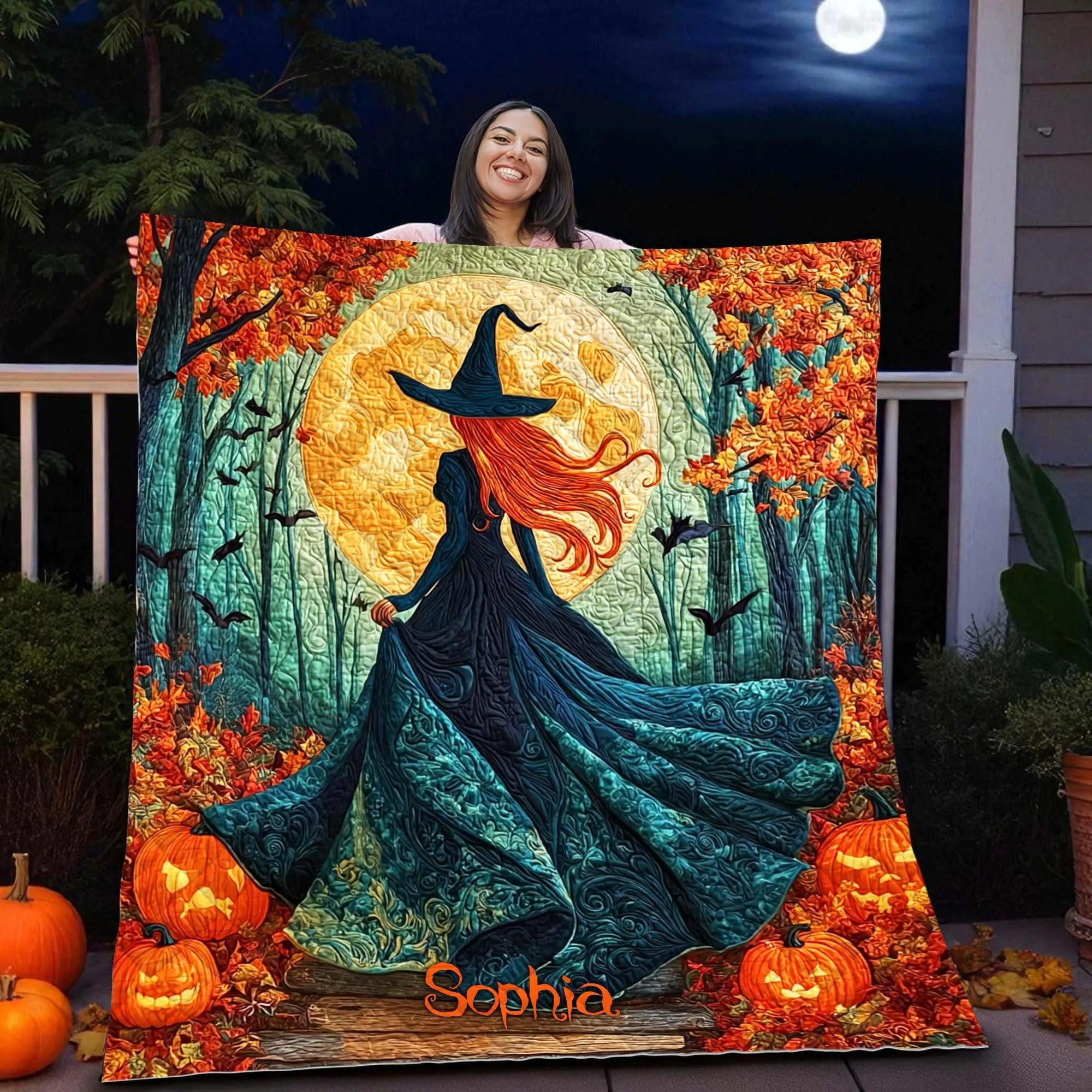 Personalized Halloween Witch Quilted Blanket, Halloween Blanket, Halloween Home Decor