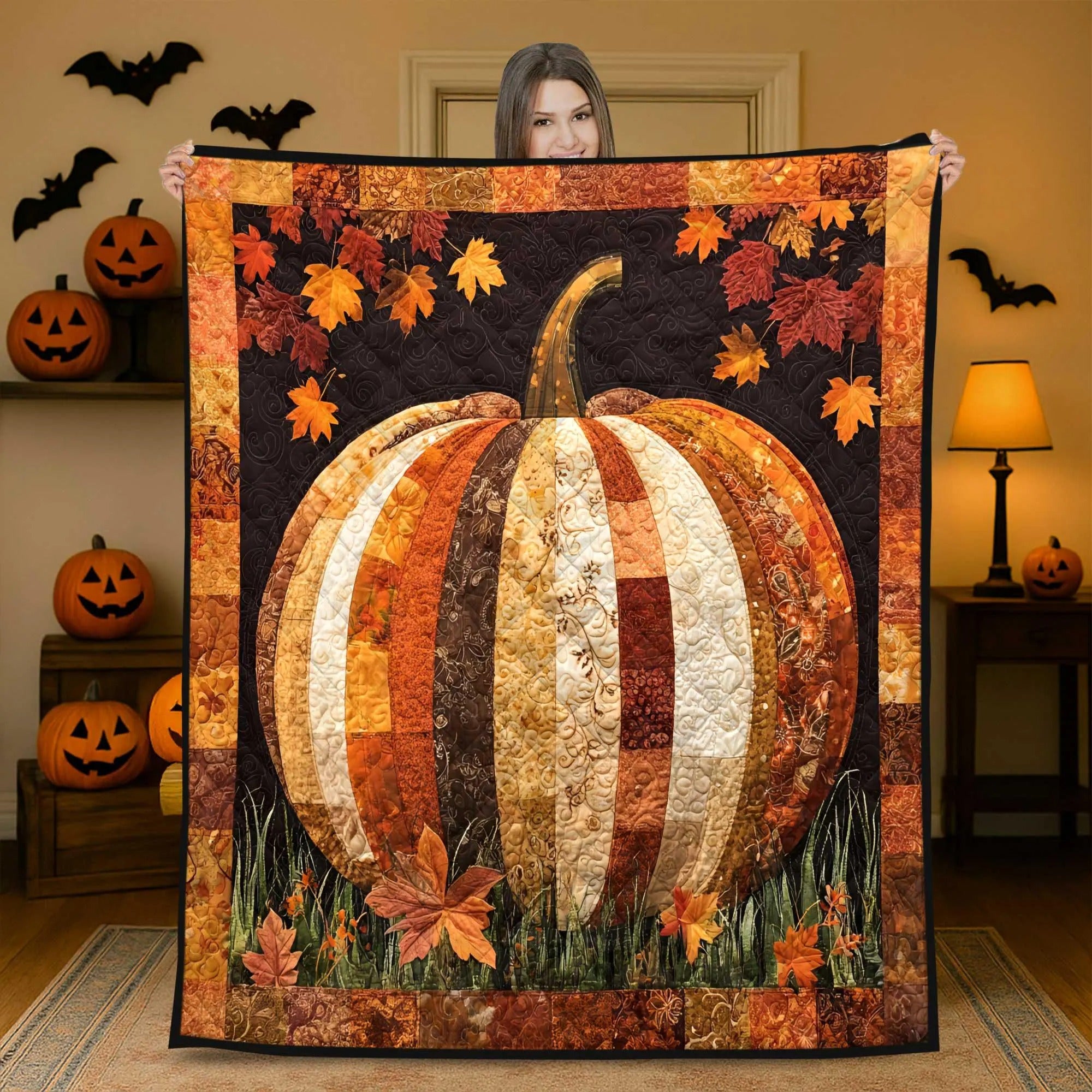 Autumn Fall Pumpkins Quilted Blanket, Halloween Blanket, Halloween Home Decor