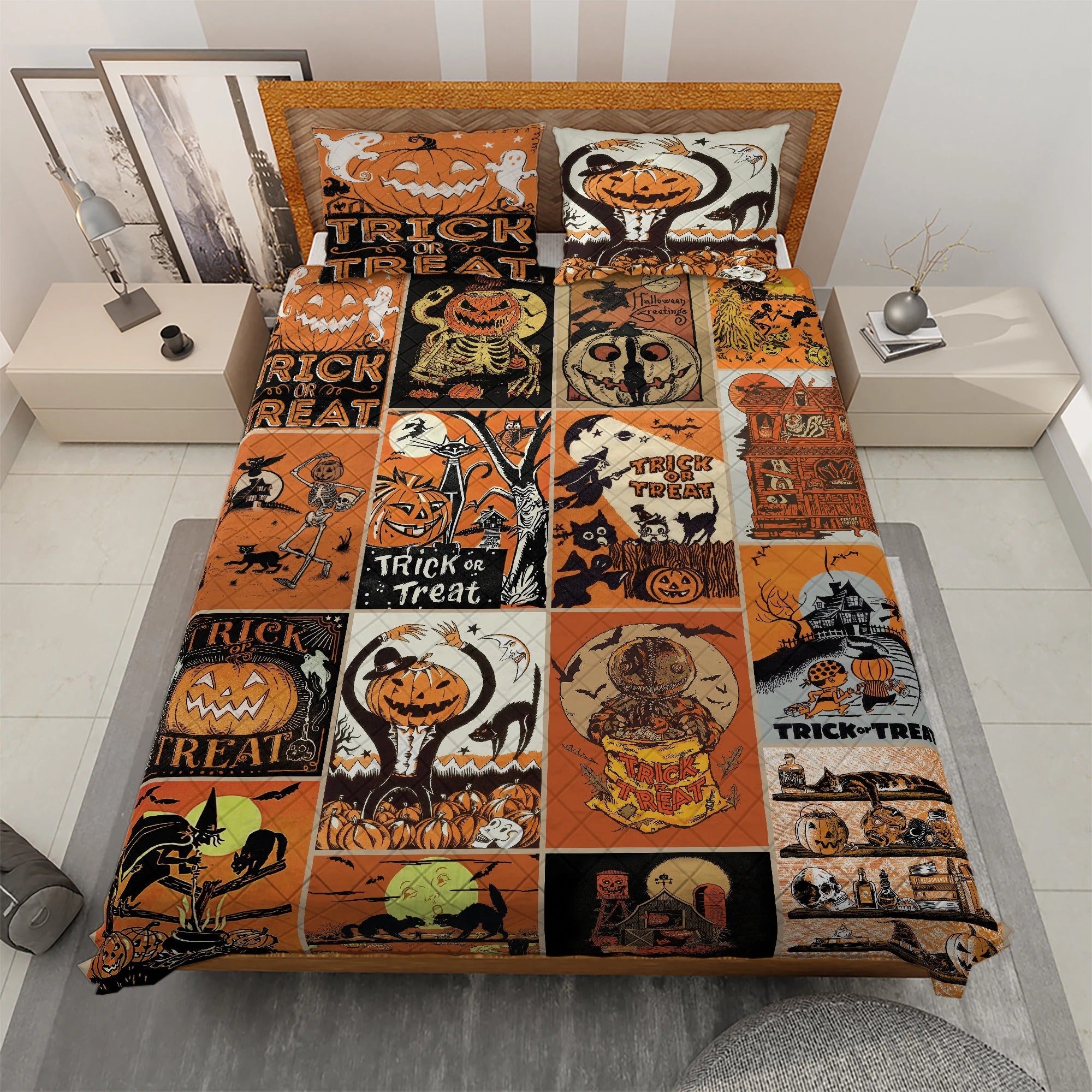 Vintage Halloween Quilt Bedding Set, Retro Pumpkin Decor, Halloween Home Decor