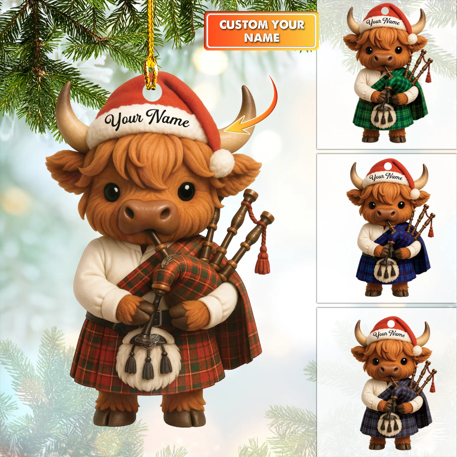 Personalized Scotland Ornament, Highland Cow Christmas Ornament With Bagpipes, Gift For Scottish Lover
