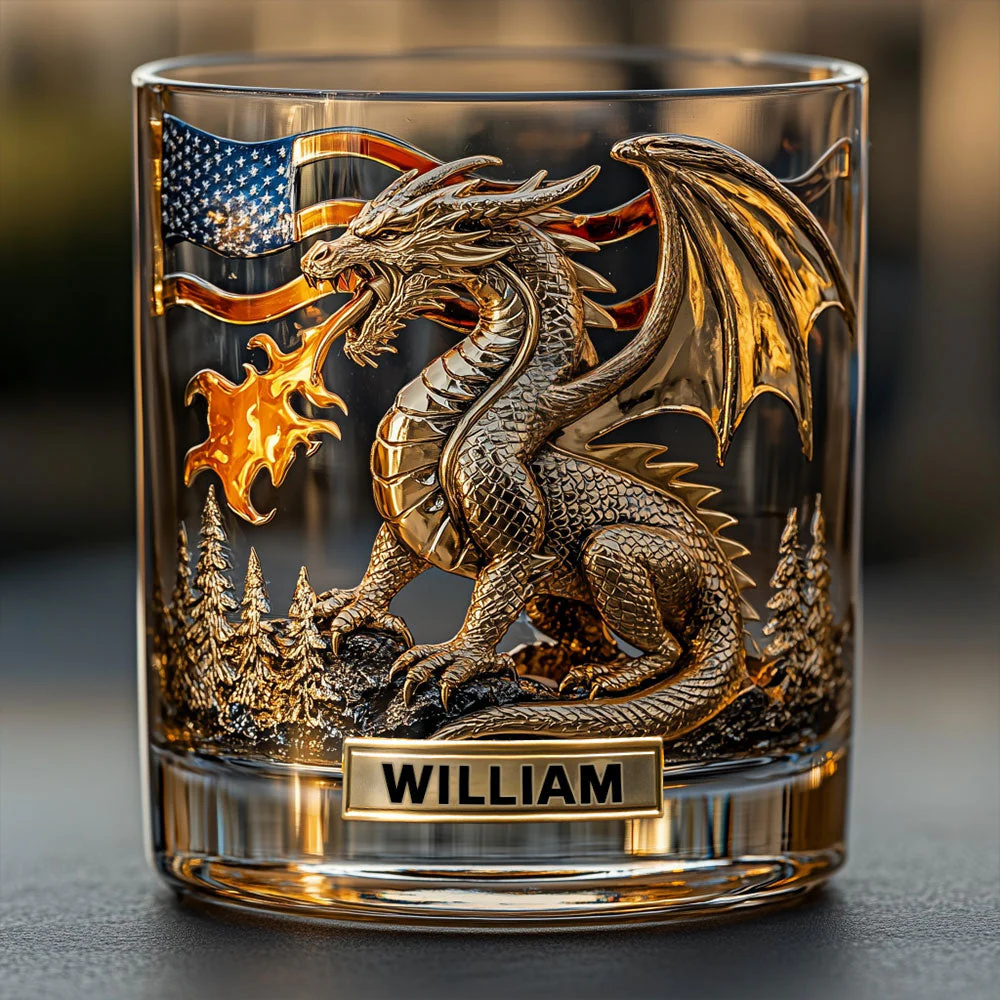 Dragon America Flag Custom Whiskey Glass, Personalized Whiskey Glasses, Gift For Dragon Lovers